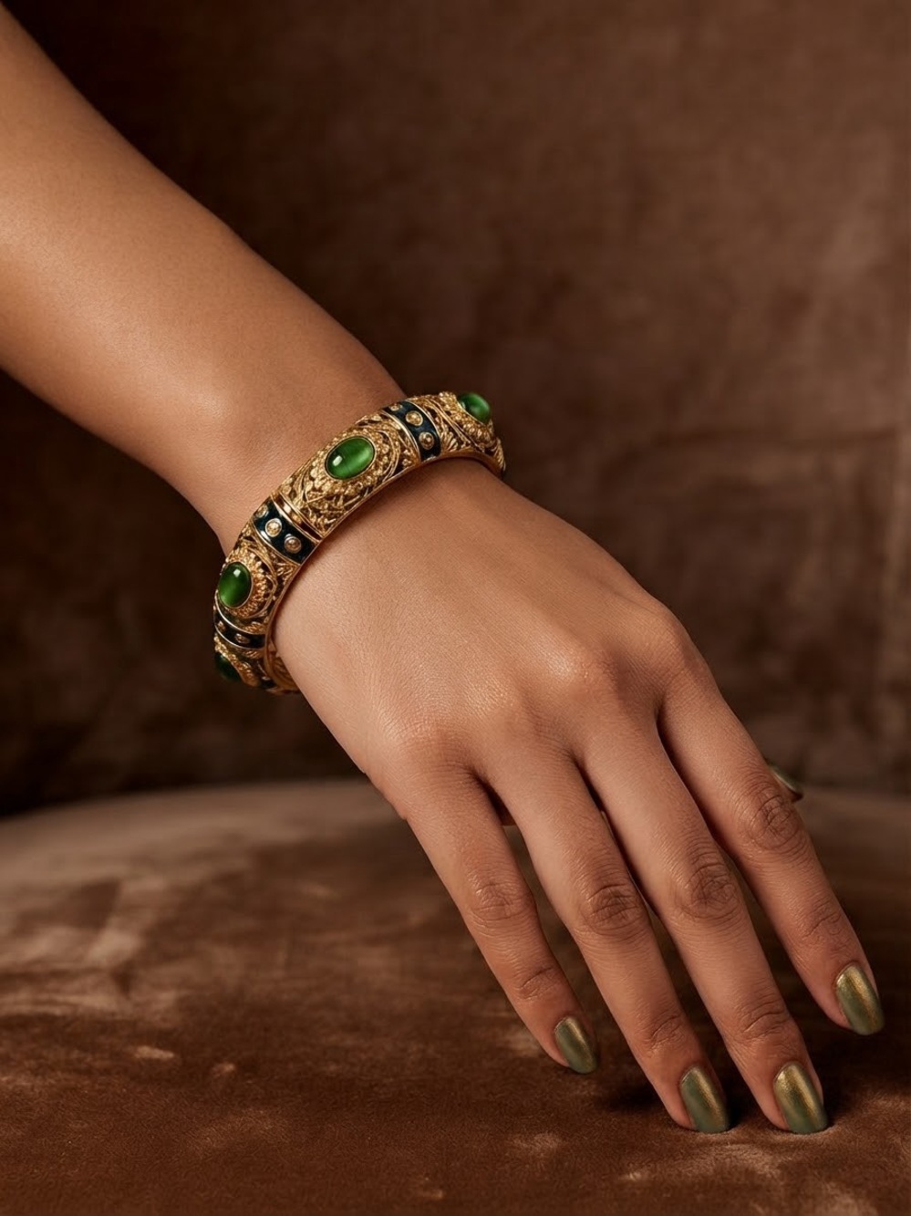 Gold and Green Gemstone Cuff Bracelet - Elegant Women's Jewelry